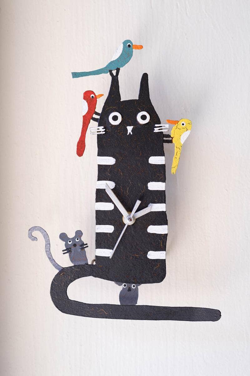 HAND PAINTED WALL CLOCK - BLACK CAT WITH BIRDS