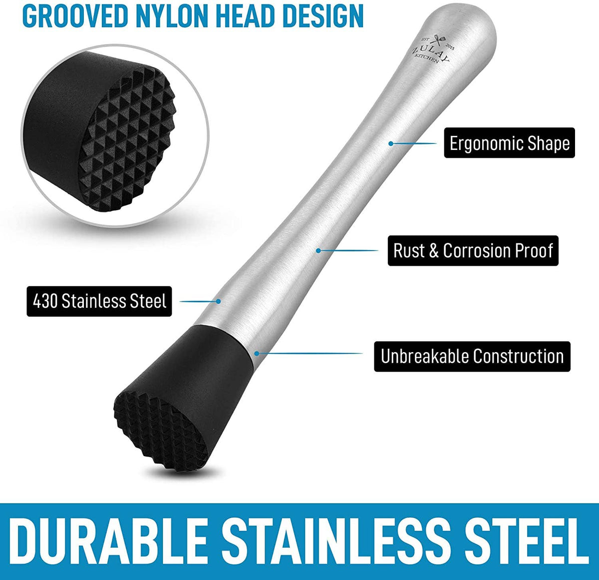 Professional Cocktail Muddler With Grooved Nylon Head
