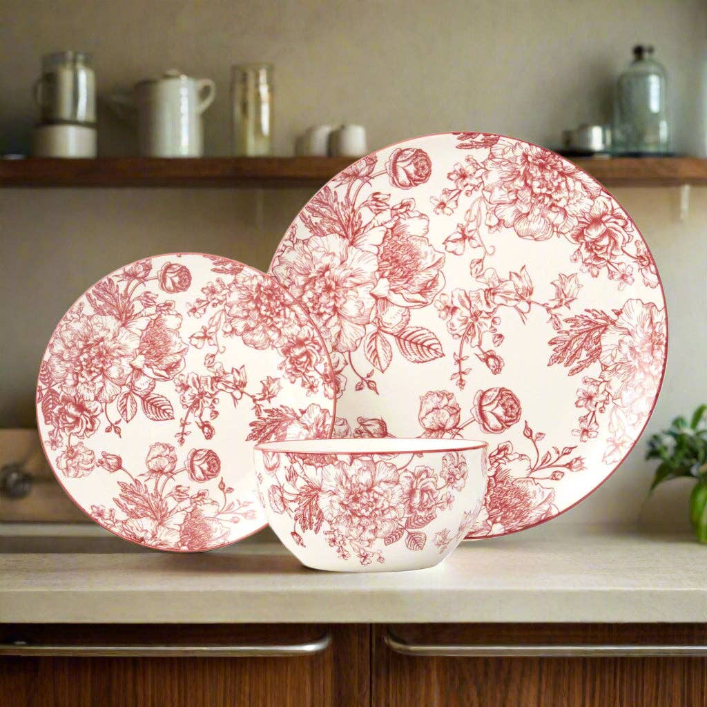 Banbury Crimson Porcelain 12 Piece Dinnerware Set, Service For 4