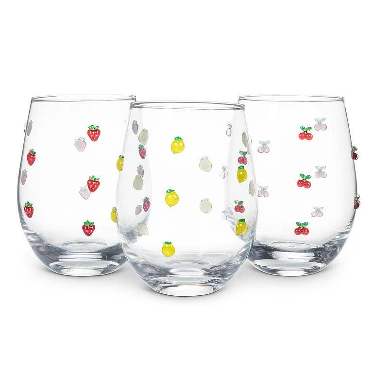 Stemless Wine Glass with Strawberries-4.5"H(18oz)