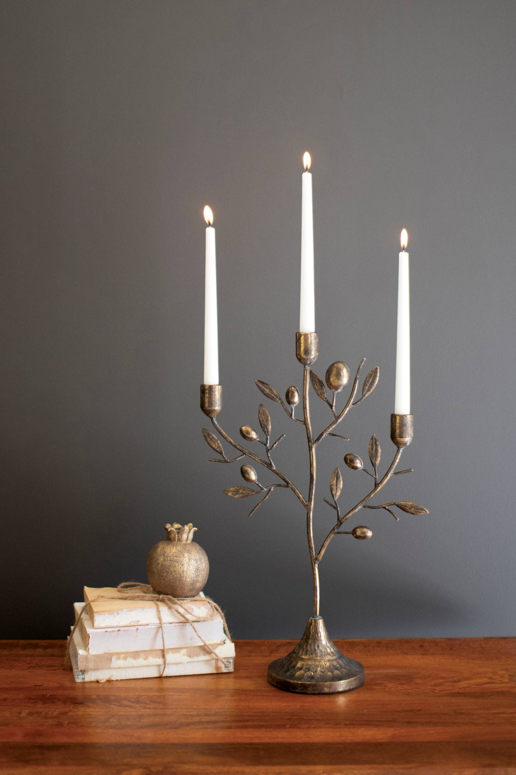 ANTIQUE BRASS FRUIT TREE TAPER  CANDELABRA