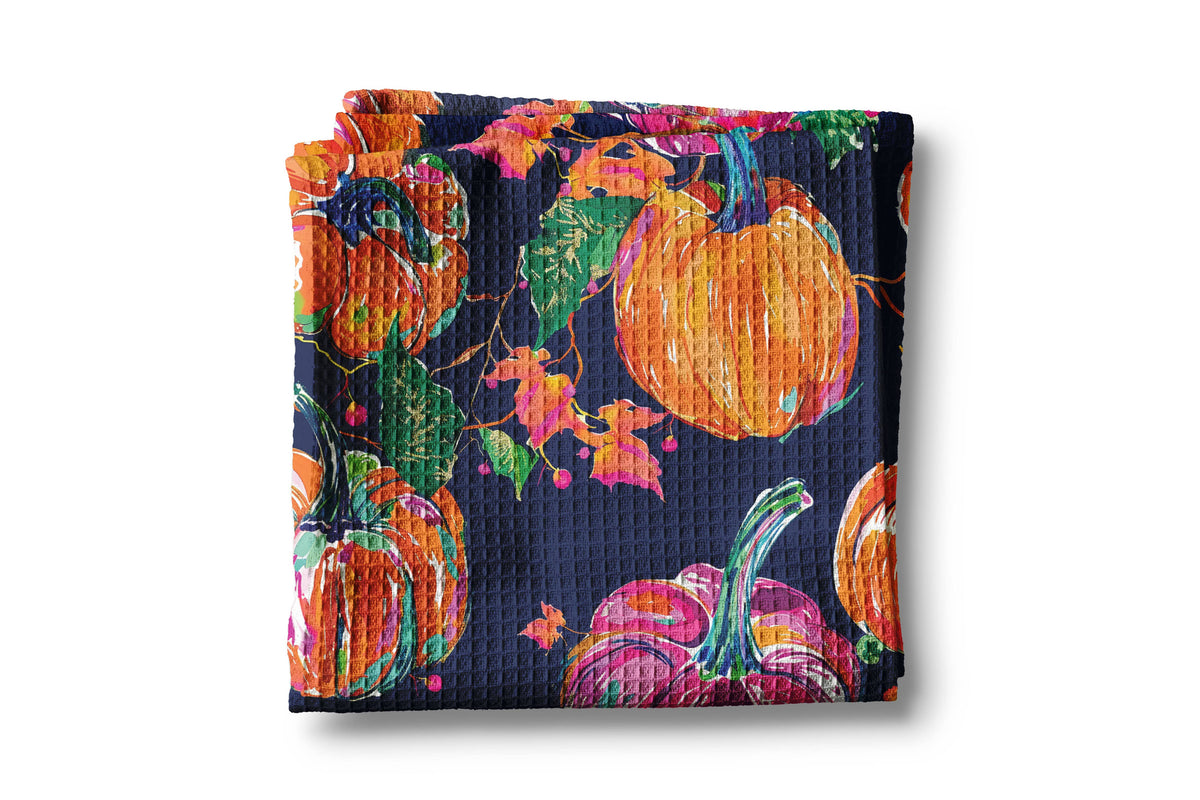 Preppy Navy Pink Pumpkin Fall Coastal Kitchen Towel Waffle