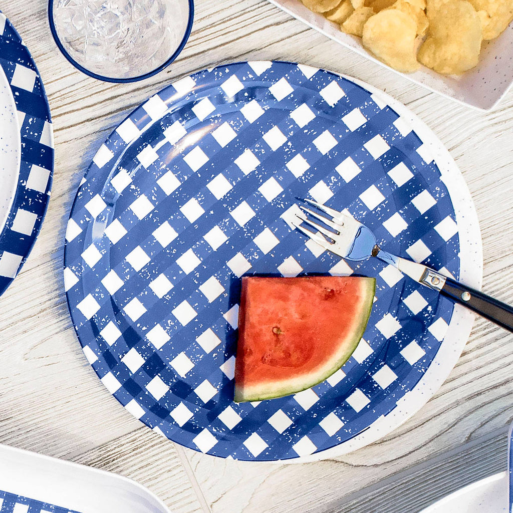 Navy Gingham Melamine Dinner Plates, 4 pc set