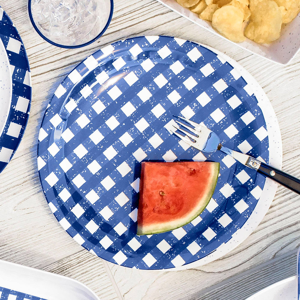 Navy Gingham Melamine Dinner Plates, 4 pc set