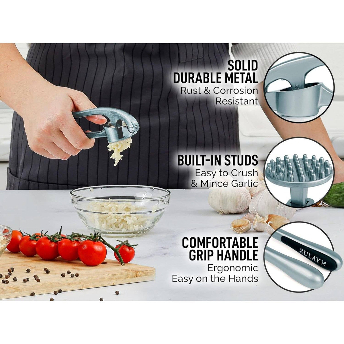 Garlic Press with Silicone Peeler and Brush