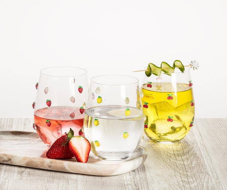 Stemless Wine Glass with Strawberries-4.5"H(18oz)