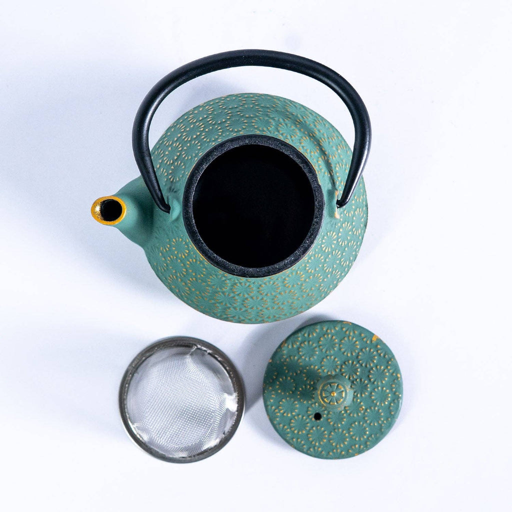 10oz Cast Iron Tea Pot Chrysanthemum Green (1/12)