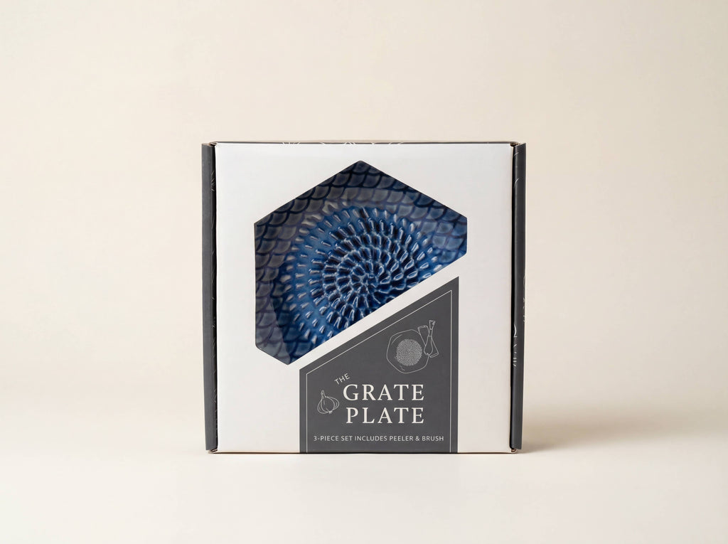 Ceramic Garlic Grater Plate + Peeler & Brush - Blue Tie Dye