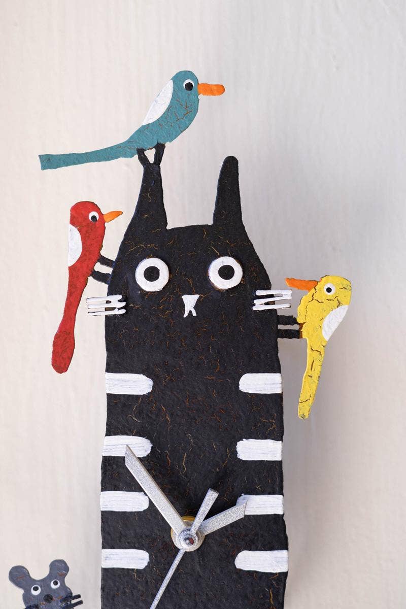 HAND PAINTED WALL CLOCK - BLACK CAT WITH BIRDS