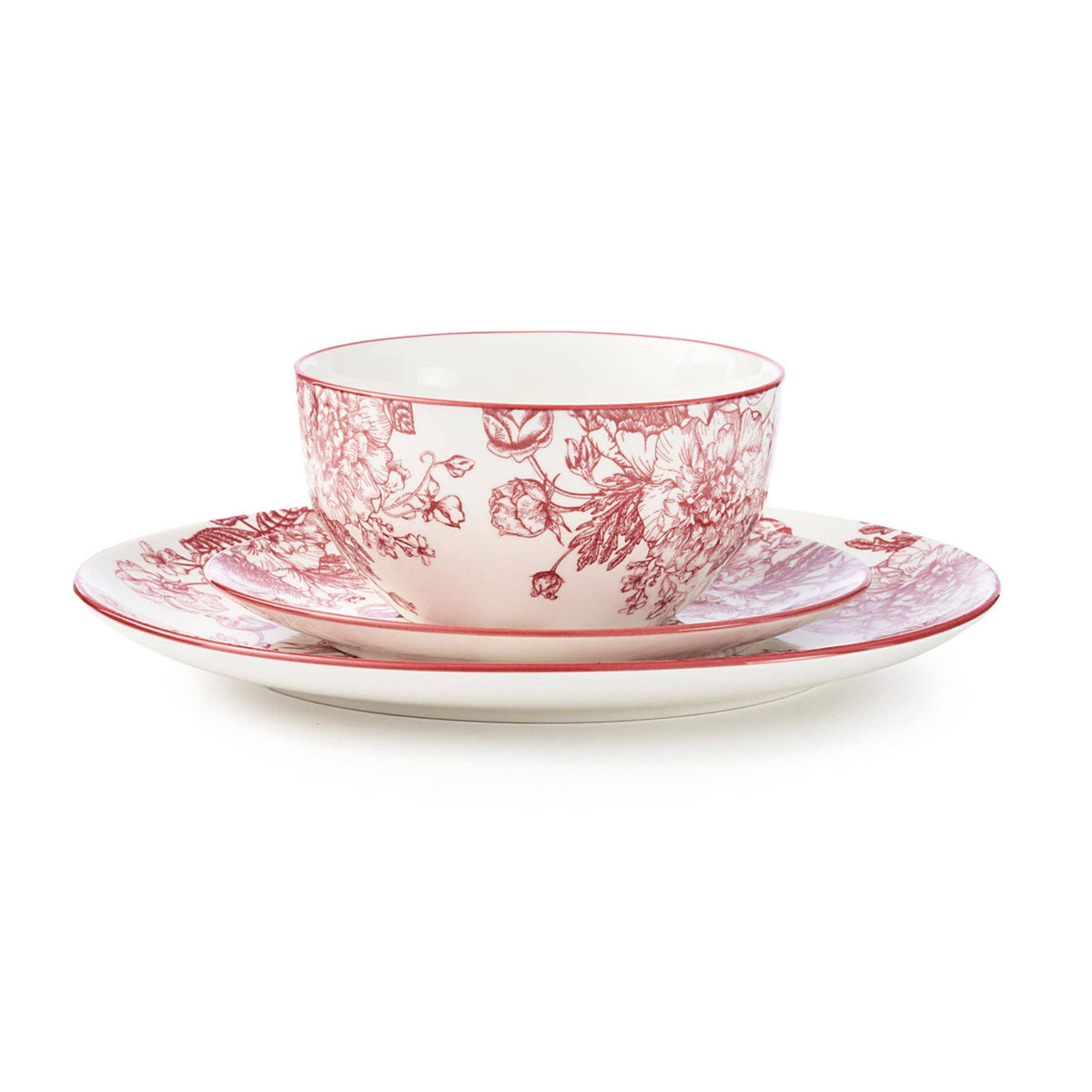 Banbury Crimson Porcelain 12 Piece Dinnerware Set, Service For 4