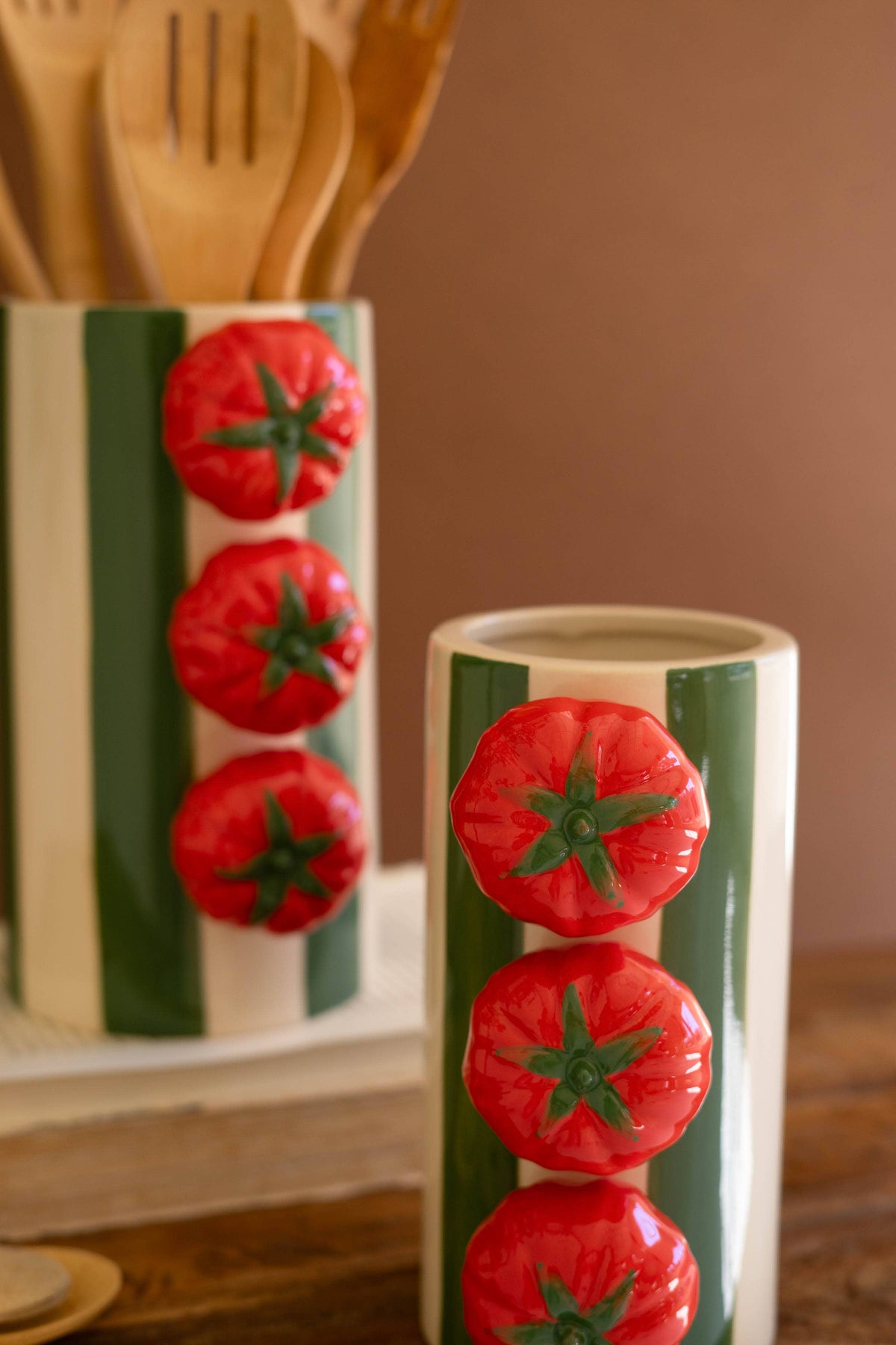 CERAMIC GREEN STRIPED VASE WITH TOMATOES