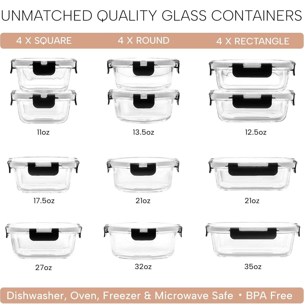 Glass Meal Prep Containers with Lids – 12 Pack