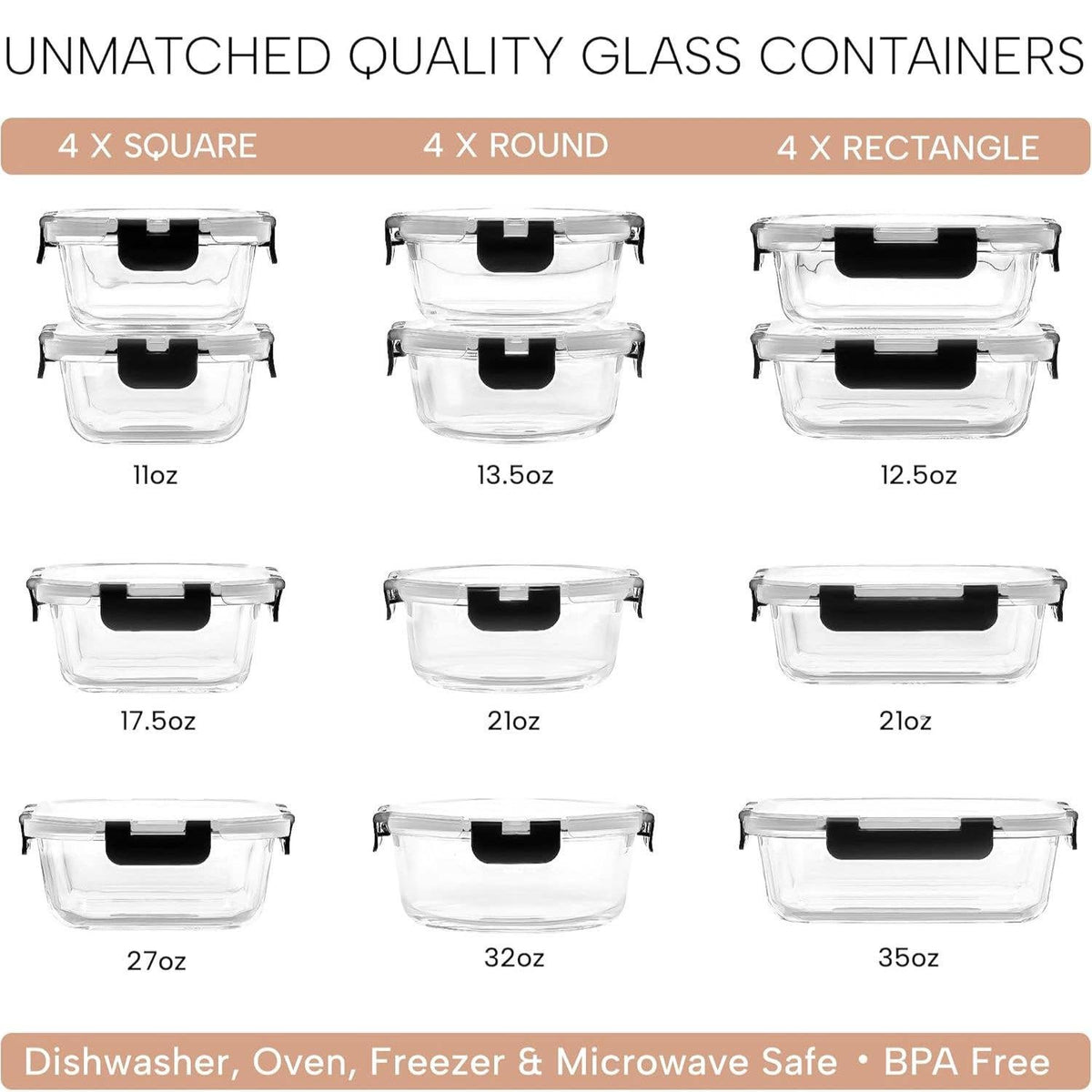 Glass Meal Prep Containers with Lids – 12 Pack