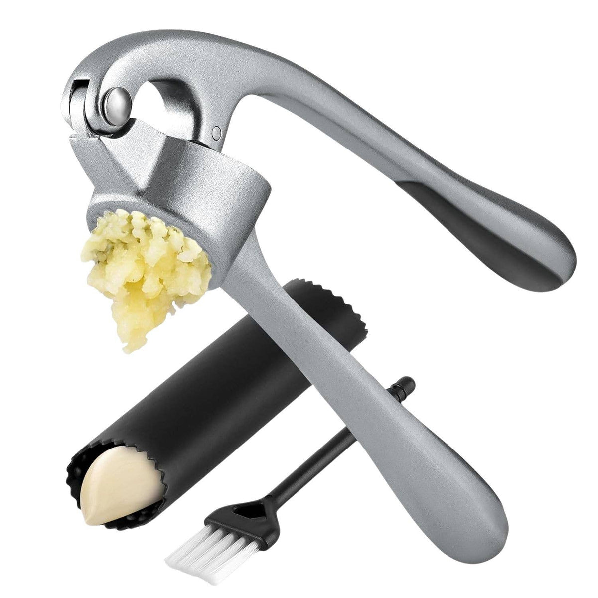 Garlic Press with Silicone Peeler and Brush