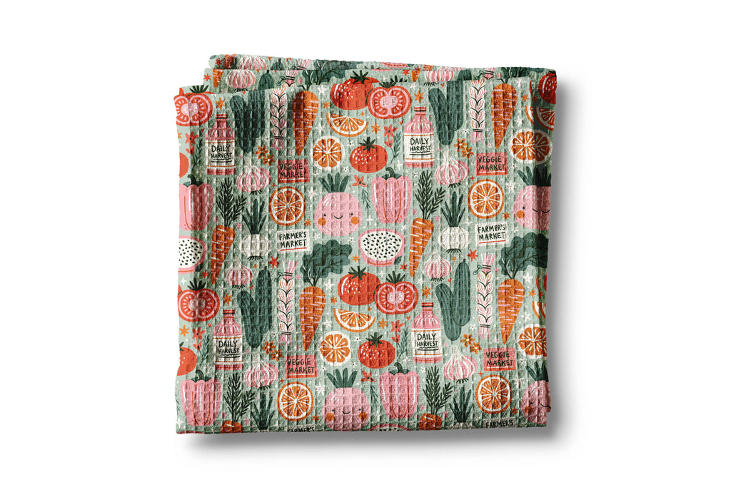 Vegetable Farmers Market Retro Waffle Weave Kitchen Towel