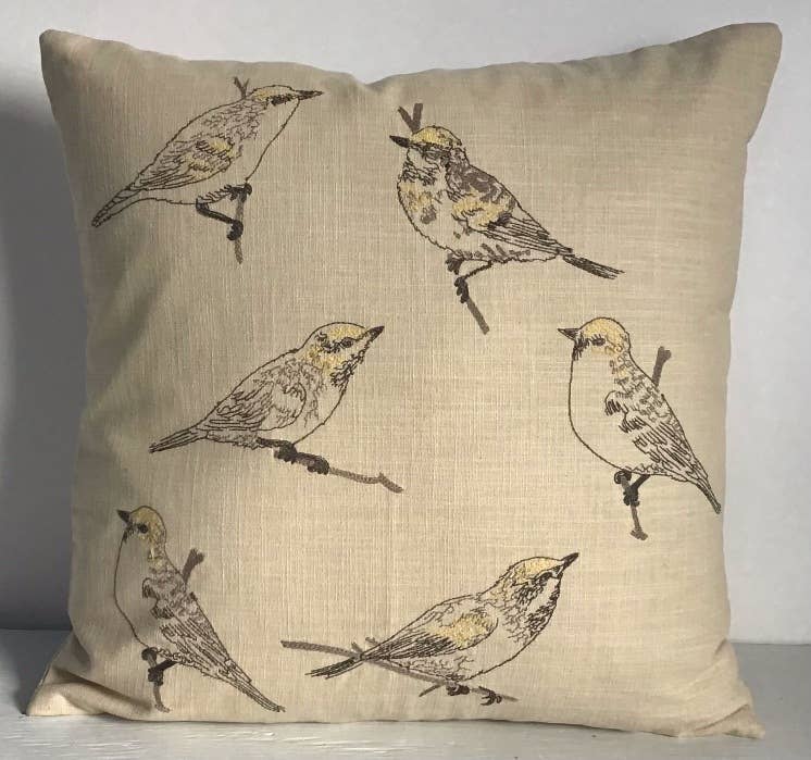 Pillow Applique/Embo 16" Bird Sketches Sand