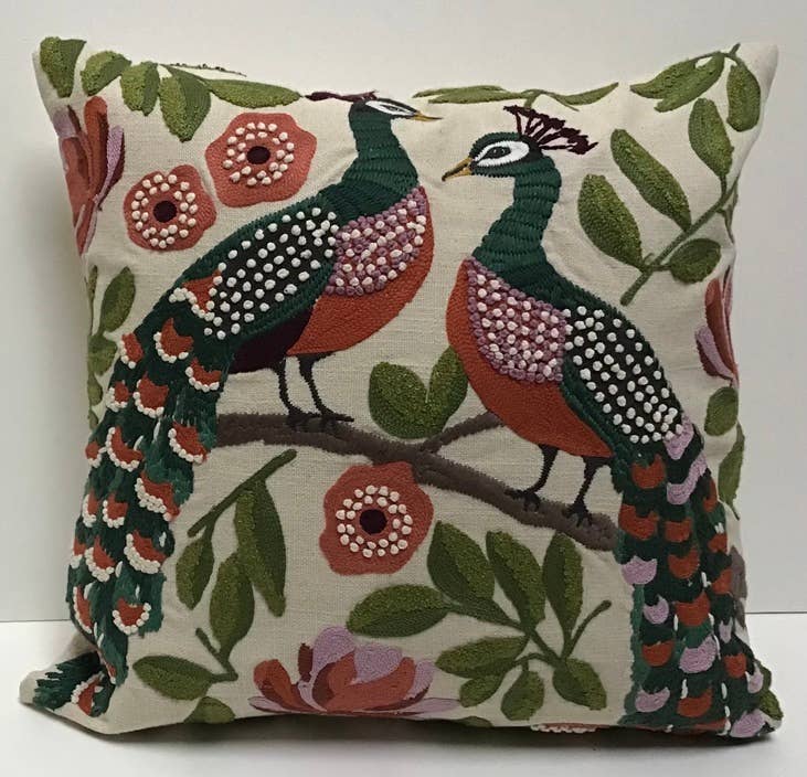 Pillow Applique/Embo 16" Peacock Duo