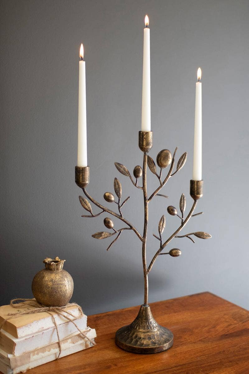ANTIQUE BRASS FRUIT TREE TAPER  CANDELABRA